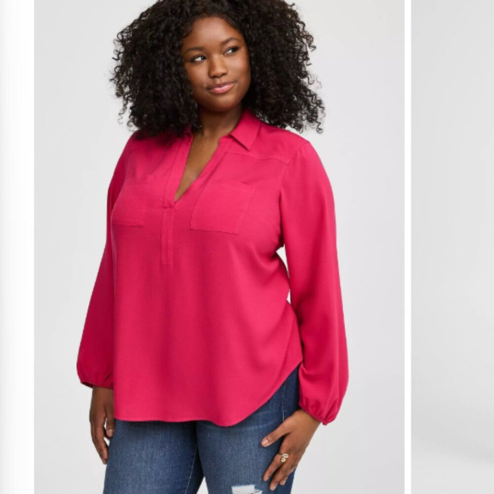 New Torrid size 4X Harper Pink Challis Collared Long Sleeve Blouse Office Work